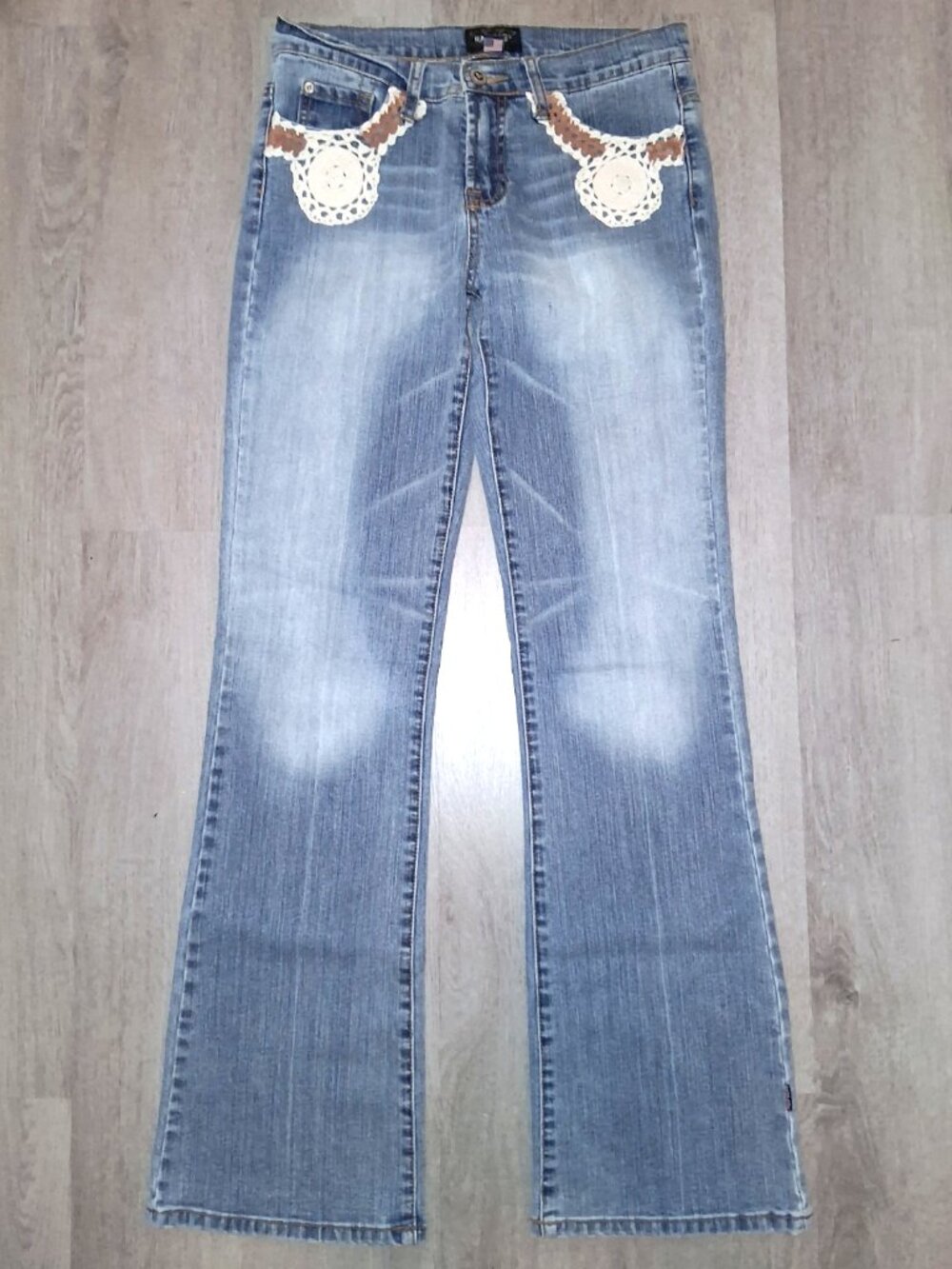 Vintage Y2k Rampage Crocheted Lace Flared Jeans Size 5 Distressed Denim Flares